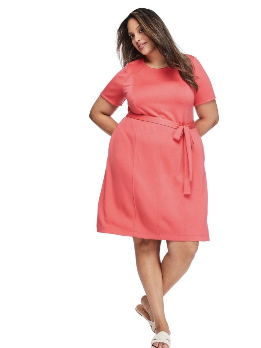 Lane Bryant Coral Short Sleeve Tie-Waist Dress
